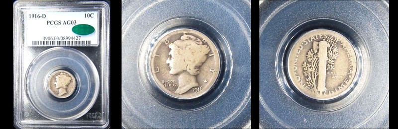 1916-D 10C PCGS/CAC AG3 -MERCURY DIME