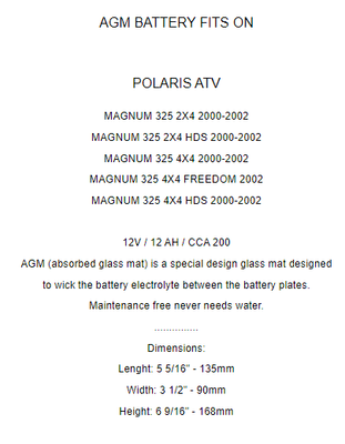 AGM Battery for Polaris Magnum 330 2X4 4X4 2003 2004 2005 2006
