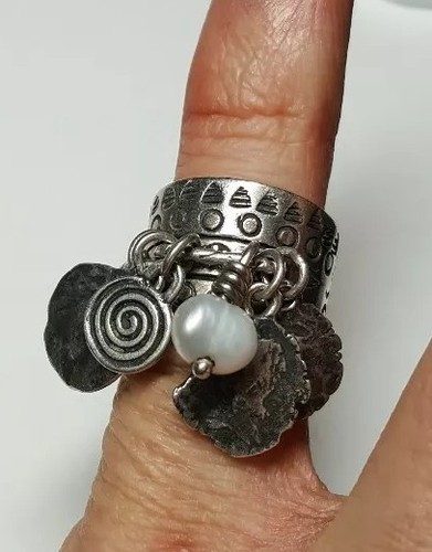 VINTAGE SILPADA STERLING SILVER CHA CHA COIN CHARM PEARL RING Sz 5.5 Retired