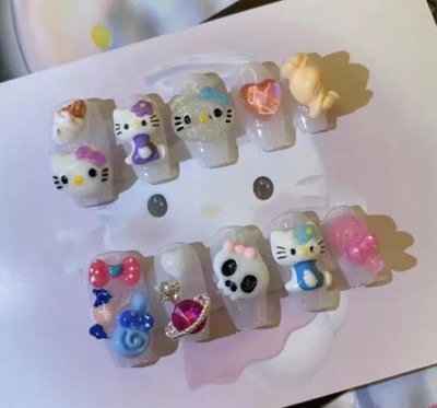 3D HELLO KITTY Skull Press On Nails 10 Piece Kawaii Nail Art ASMR Sanrio Themed