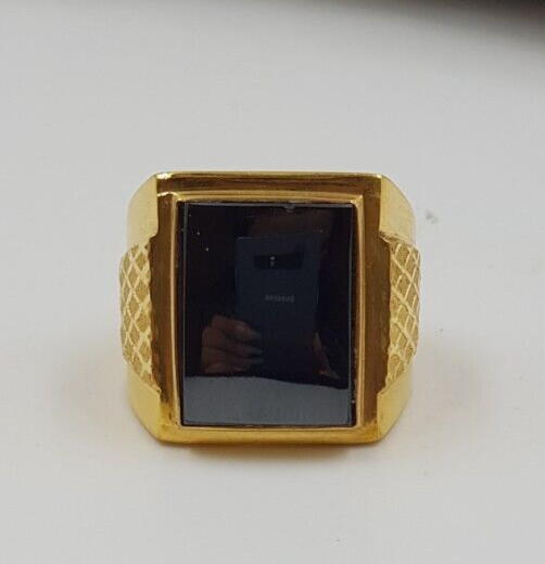 Vintage Style Gold Ring 22K Men CZ Black Onyx Heavy Look