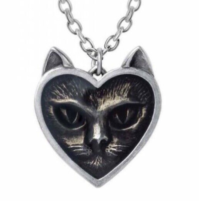 Love Cat Pendant Necklace, Gothic, Black Feline, Witch, Heart, Alchemy England