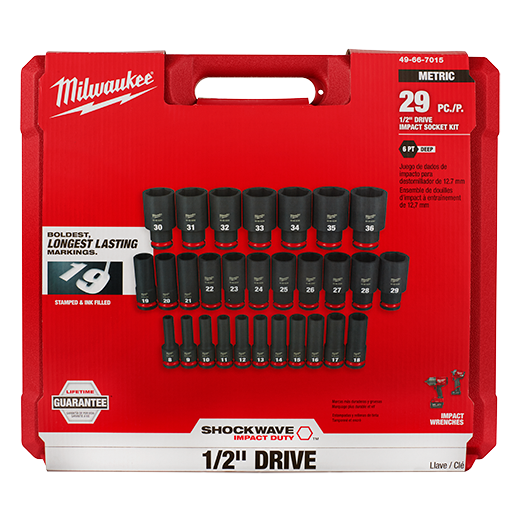 Milwaukee 49-66-7015 29 PC SHOCKWAVE 1/2" Dr Metric Deep 6 Point Socket Set