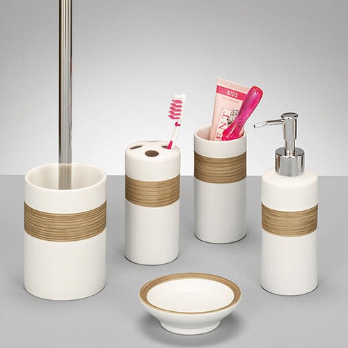 5tlg Badset Badezimmer Bad Set Seifenspender WC Bürste Becher weiß beige