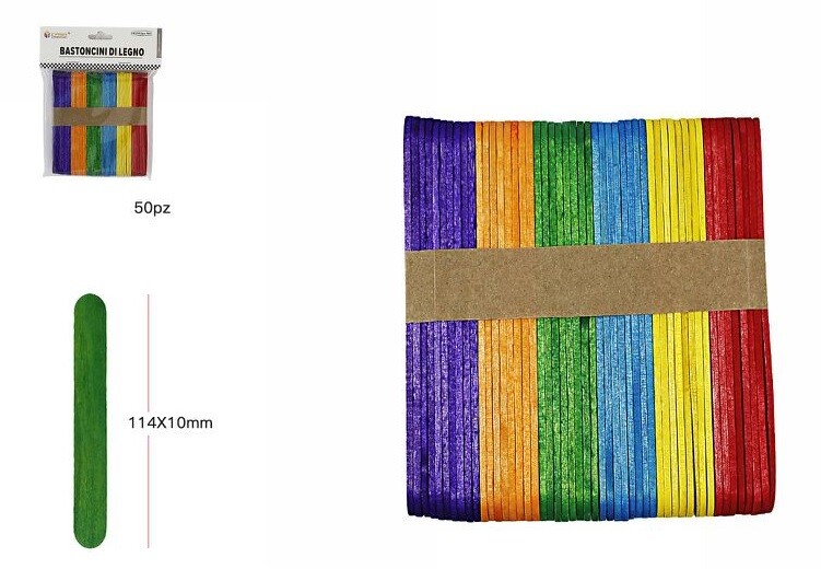 50pz Bastoncini Stecche Legno Colorat 114x10x1.2mm Lavoretti Bricolage 63841 dfh