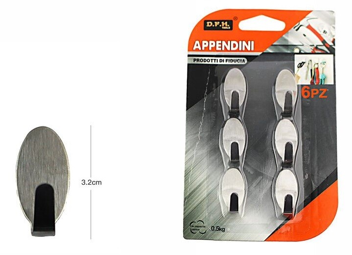 Set 6 Pz Ganci Appendini Adesivi Parete Casa Cucina Bagno Attaccapanni Ovali dfh