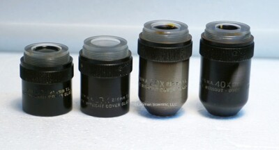 Bausch & Lomb, B&L, Set of 4 epi objectives, 215mm t.l. Metallurgical Microscope