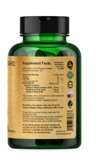 200,000mg HEMP SEED OIL SOFTGELS Omega 3 6 9 Fatty Acids COLD PRESSED CAPSULE