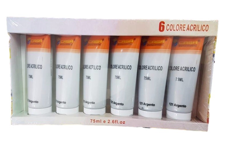 Pittura Acrilica Vernice Confezione 6 Pezzi Colore Argento 121 Tubo 75ml dfh