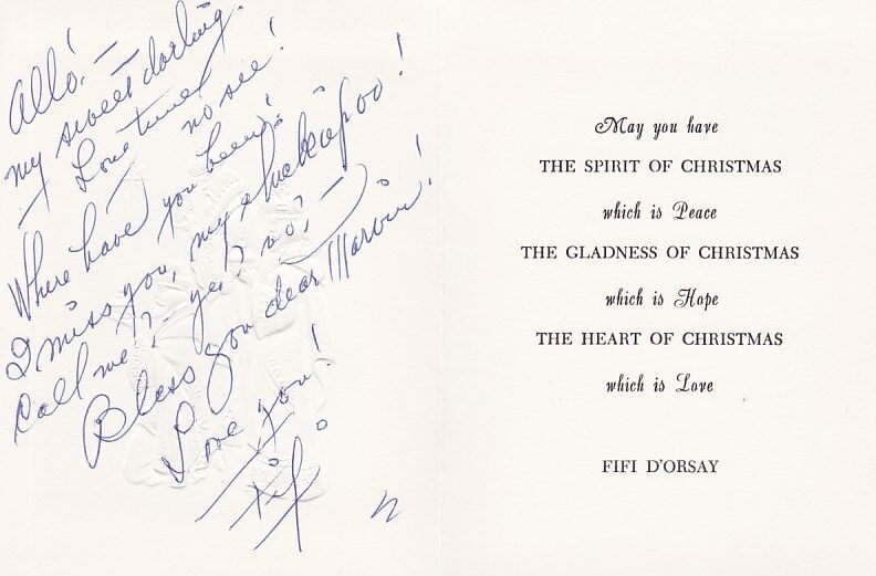 FIFI D'ORSAY Original Vintage 1977 SIGNED AUTOGRAPHED Christmas Holiday Card