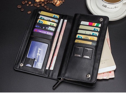 Men's Leather Long Black Wallet Bifold ID Card Holder Clutch Checkbook Billfold
