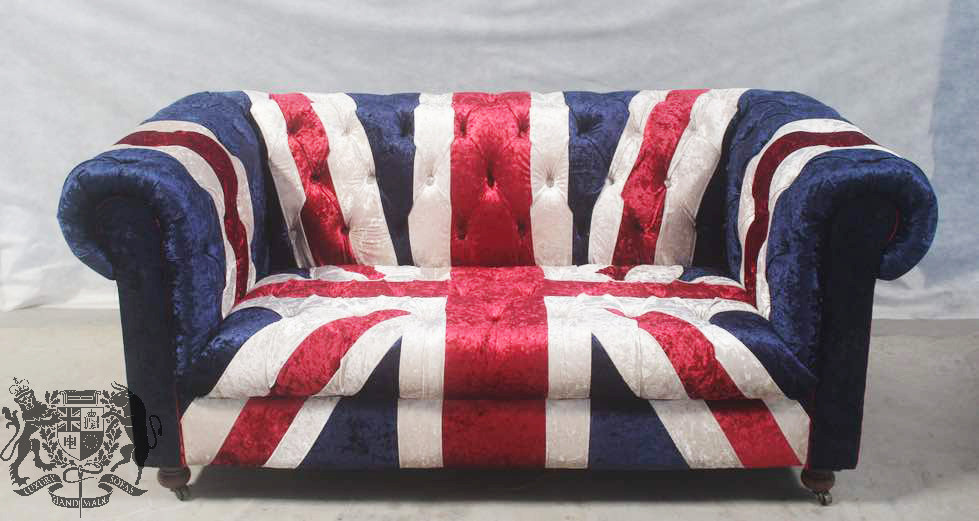 Brand New 2 Seat Union Jack British Flag Velvet Chesterfield Sofa