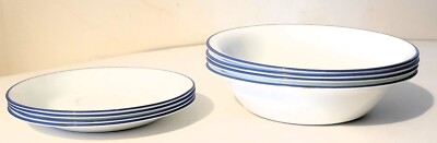 Lot of Corelle Heather Blue Band White:  4 Saucers Plates 6'' & 4 Cereal Bowls 7''