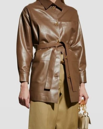 AERON $1645 AERON WOMEN'S BROWN HANNAH BELTED LEATHER SHACKET SIZE SMALL