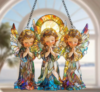 Angel Trio Suncatcher 8''x8'' - Vibrant Acrylic Window Hanging, Perfect for Living