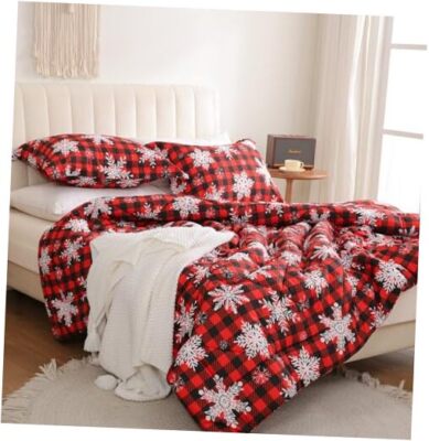  Red Buffalo Comforter Set Size, 3 Piece Winter Printed Queen Plaid Snowflakes