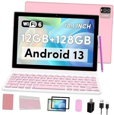 Android 13 Tablet with Keyboard, 10 inch 2 in 1 Tablets, 12GB 12GB+128GB Pink