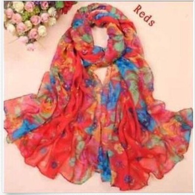 B34 Women Crinkle Scarf Wraps Shawl Stole Soft Scarve Flower Super Shawls Red 