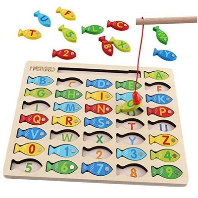 Magnetic Wooden Fishing Game Toy for Toddlers, Alphabet Fish Catching Counting 