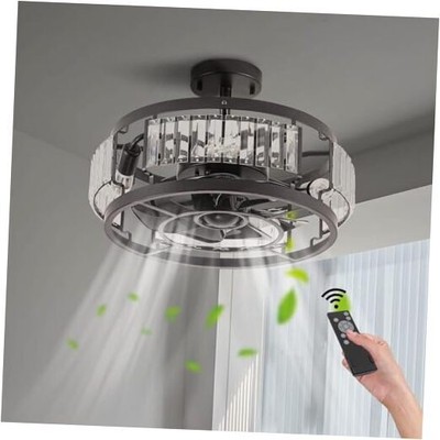 Industrial Caged Ceiling Fan with Lights and Remote, 16 Inch Flush Mount 