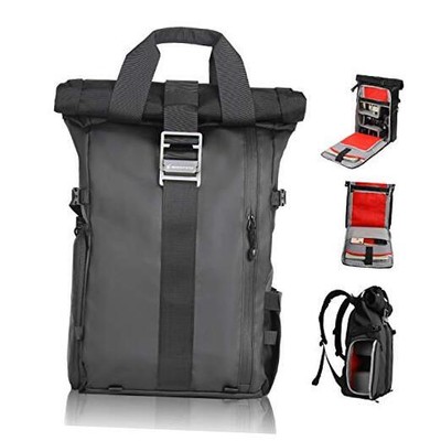  DSLR Camera Backpack Rolltop Laptop Compartment Quick Side Access Black