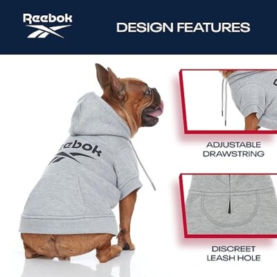 Reebok Dog Pullover Hoodie Gray Fleece Dog Sweater, LARGE