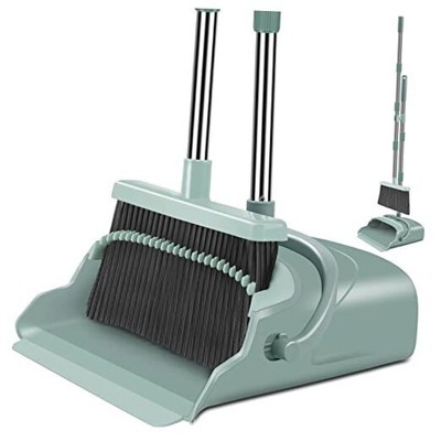  Upgrade Broom and Dustpan Set, Large Size and Stiff Broom Dust pan with Green