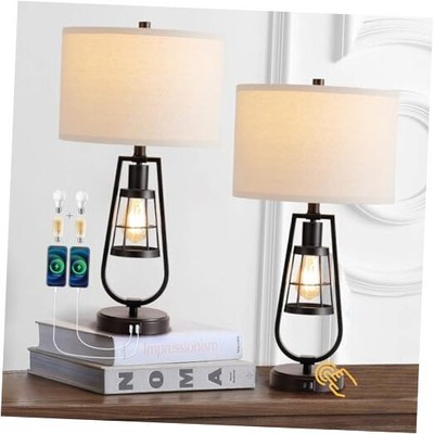 Set of 2 Industrial Touch Oil Rubbed Bronze Lampholder+One-sided Linen Shade