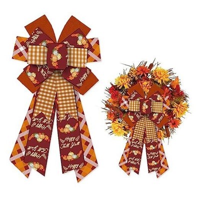 Hying Large Fall Bows for Wreath, Orange Plaid Pumpkin Harvest Wreath Style3