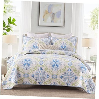  Quilt Queen Size, 100% Cotton Floral Quilt, Queen(90''x98'') White/Blue/Green