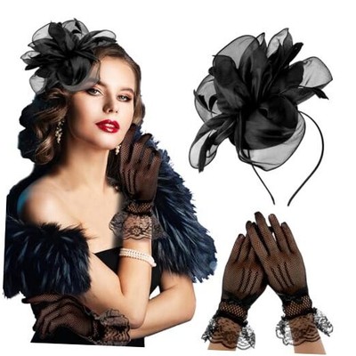 Sibba Tea Party Hat with Lace Gloves 1920s Vintage Fascinator Hats Black Set a