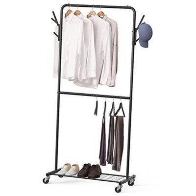 Simple Houseware Double Rod Garment Rack With Wheels and Hooks, Black 