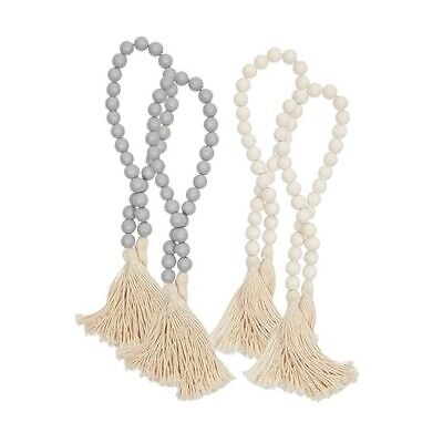  Set of 4 Farmhouse Wood Beads with Tassels, Decorative Wooden Garlands for 
