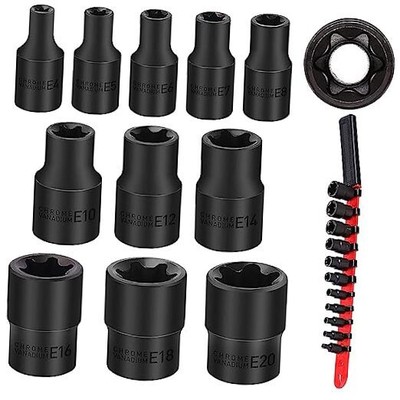  11-Piece E-Torx Socket Set - Star Socket Set with Socket Rail, External Torx 