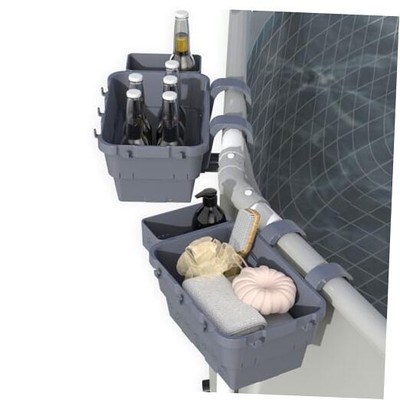 Poolside Storage Basket with Cup Holder Hooks,Stretchable Pool Toy Basket Gray
