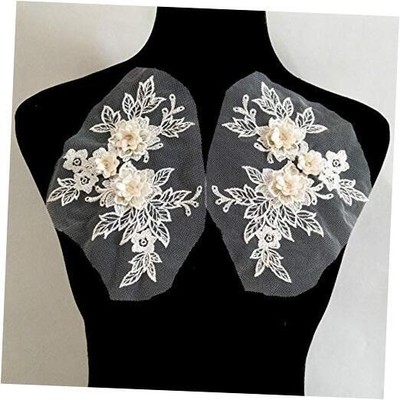 2 Pcs Colored 3D Flower Lace Applique Embroidered Material Trim Light champagne