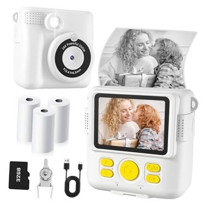 Instant Print Camera for Kids with 3 Rolls of Printer Paper, 1080P White