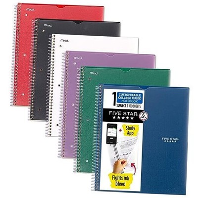  Spiral Notebooks + Study App, 6 Pack, 1 Subject, College Ruled, 8-1/2'' x 11'', 