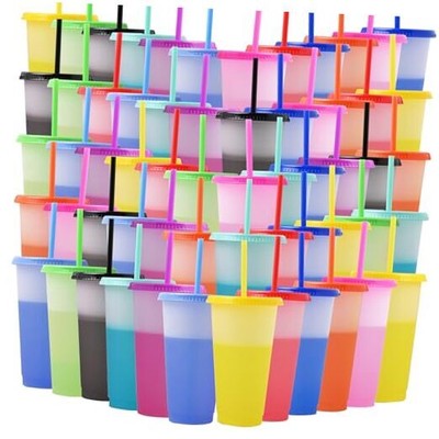 60 Pack Reusable Plastic Tumblers Bulk, 24 oz Color Changing Cups with Lids & 