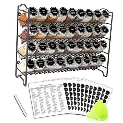  Spice Rack Organizer with 36 Empty Square Spice Jars, 396 Spice Labels Black