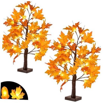 2 Pack 24 Inch Artificial Fall Lighted Maple Tree with 48 LED Fall Style 3