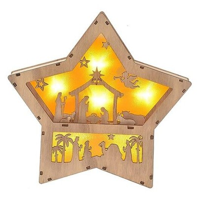 Christmas Nativity Set, Wooden Shaped Nativity Scene LED Light, 3D Star