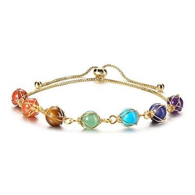  7 Chakra Stones Bracelets for Women Adjustable 14K Gold Wire A - Strand Style
