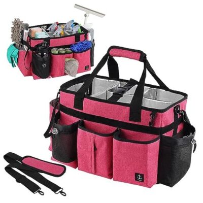 Large Wearable Cleaning Caddy Bag with Detachable Divider, Cleaning Rose Red