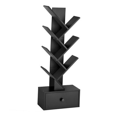Tree Bookshelf with Drawer, Tree Bookcase with Storage, Modern 7 Tier Black