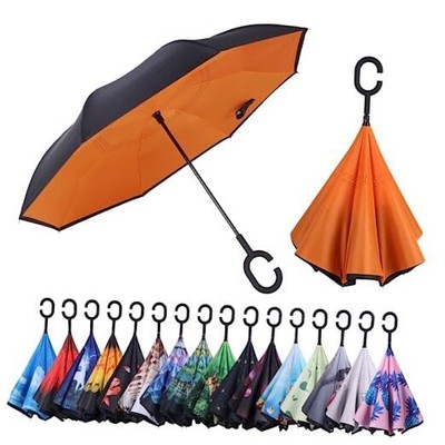 Inverted Reverse Umbrella with C-shaped Handle Windproof Upside Down Orange-1