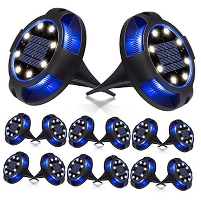 K.E.J. Solar Ground Lights Disk Lights 12 LED Solar Lights 12 Pack White Blue