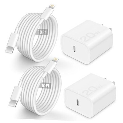 2 Pack for Phone Charger Fast Charger 10 FT 20W PD USB C Fast Charger White