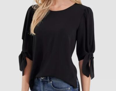 $70 Cece Women's Black Tie Sleeve High-Low Blouse Top Size S