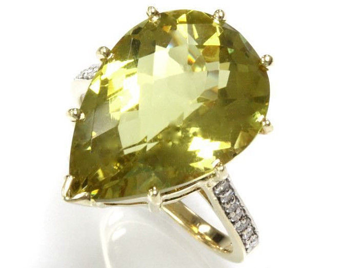 Pre-owned Jewelry By Arsa 10.15 Ctw Natural Lemon Quartz & Diamond Solid 14k Yellow Gold Cocktail Ring In Yelow, Green